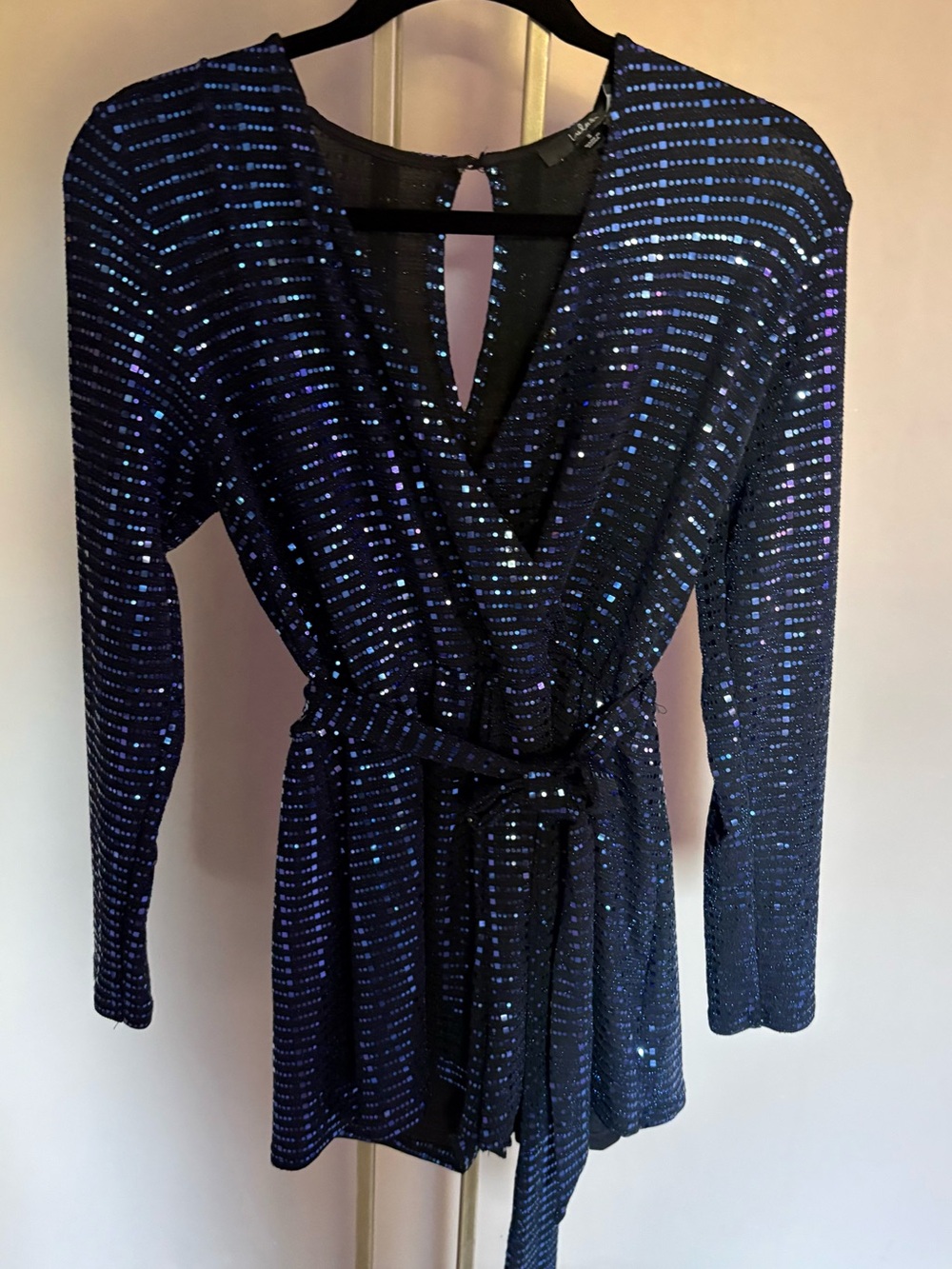 Lulu's Bettie Black Metallic Long Sleeve Sequin Wrap Romper with Blue Sparkle